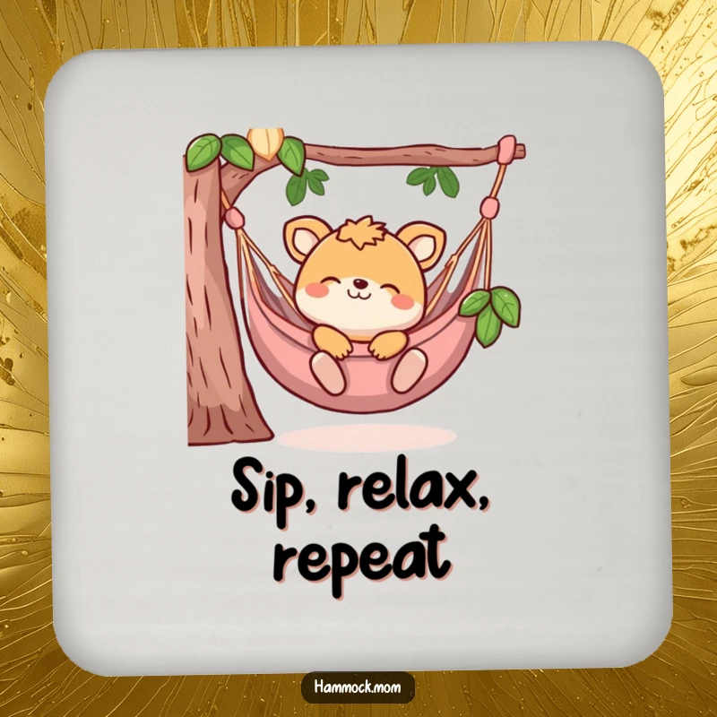 Funny drink coaster featuring an animal character blissfully lounging in a hammock, adding humor and protection to surfaces.