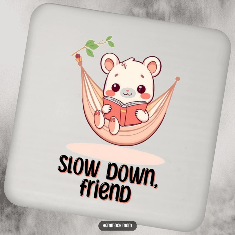 Funny Kawaii hammock animal reading a book in a hammock, a humorous and protective drink coaster.