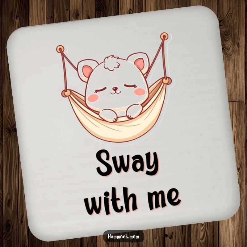 Funny Kawaii Hammock Animal Coaster: A cute creature gently swaying in a small hammock, eyes closed, perfect for protecting surfaces.