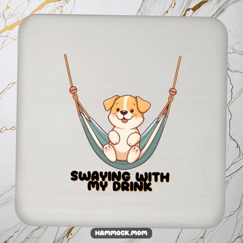 Funny dog gently swinging in a hammock on drink coasters, offering protection with calm humor, an ideal funny gift.