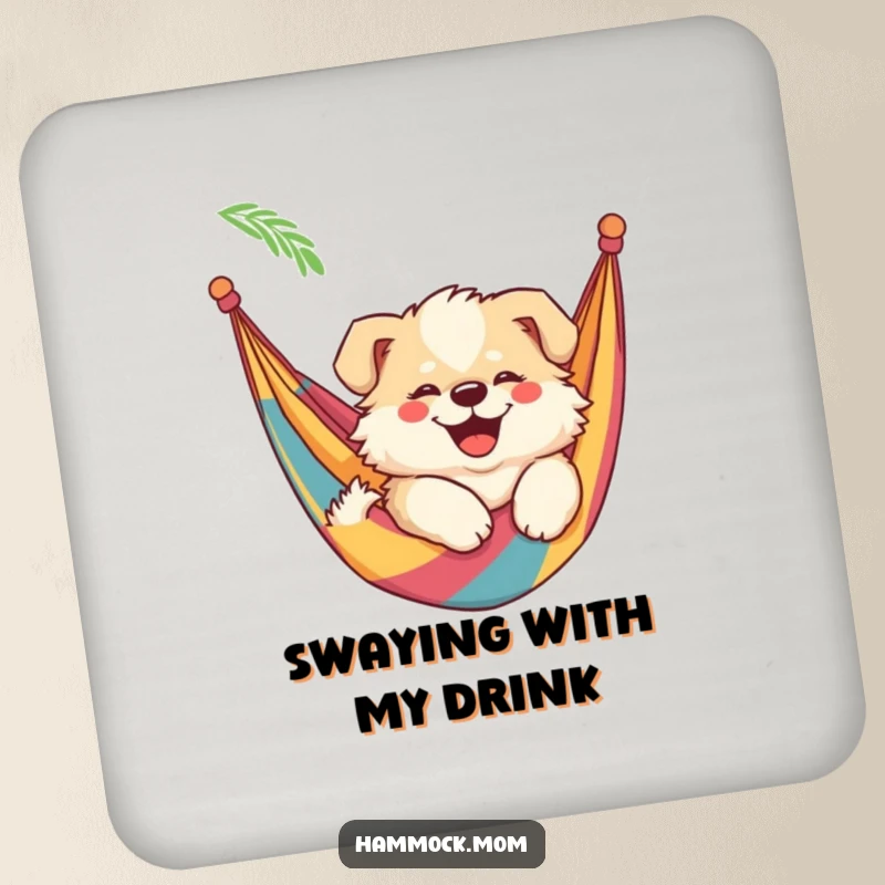 Funny mama dog drink coasters featuring a fluffy mama dog with a smile, swaying lazily in a hammock, adding calm humor.
