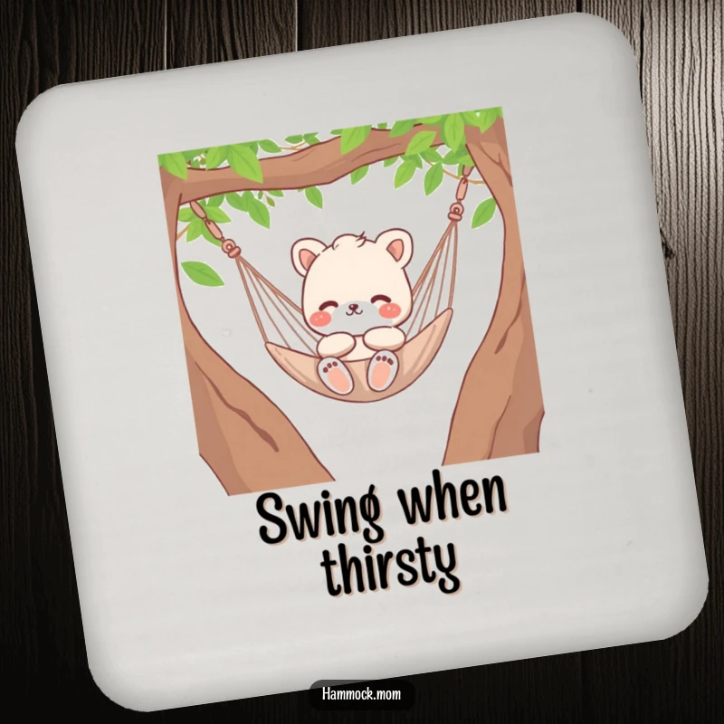 Funny animal character mom gently swinging in a hammock, humorous and protective drink coasters.