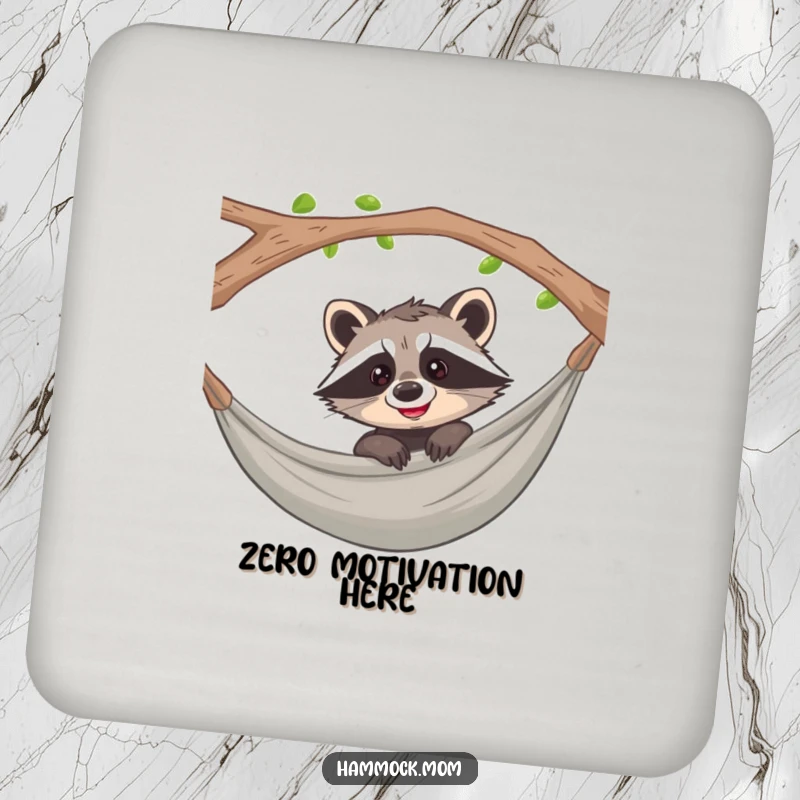 Funny raccoon peeking with a curious grin from a hammock on a drink coaster, adding humor to tabletops.