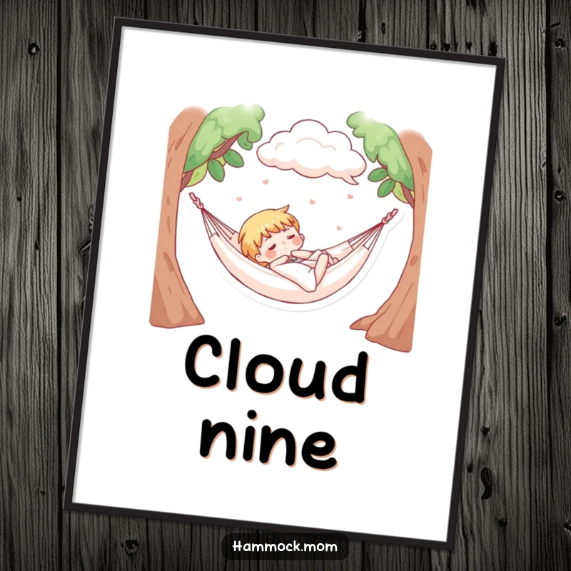 Funny poster of a character napping in a hammock with soft, fluffy clouds above, symbolizing peaceful sleep and dreams.