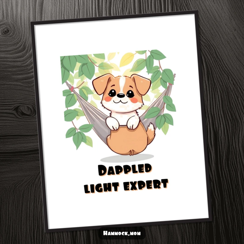 Funny dog watching dappled sunlight filter through leaves by its hammock, as a poster print, capturing nature's magic, a great funny gift.