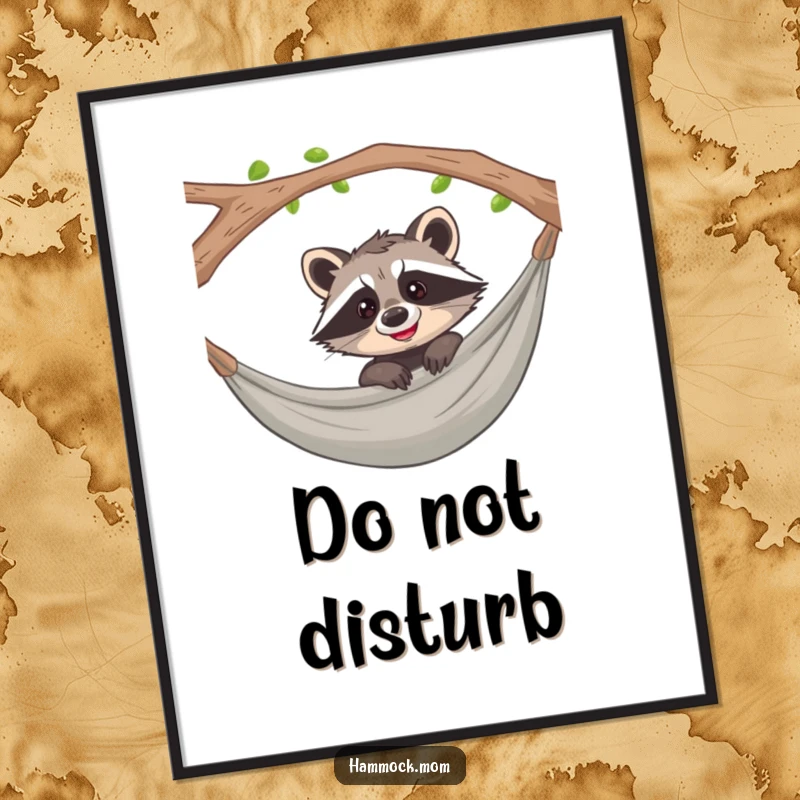 Funny raccoon peeking out from a hammock with a curious, happy grin, displayed as playful wall art.