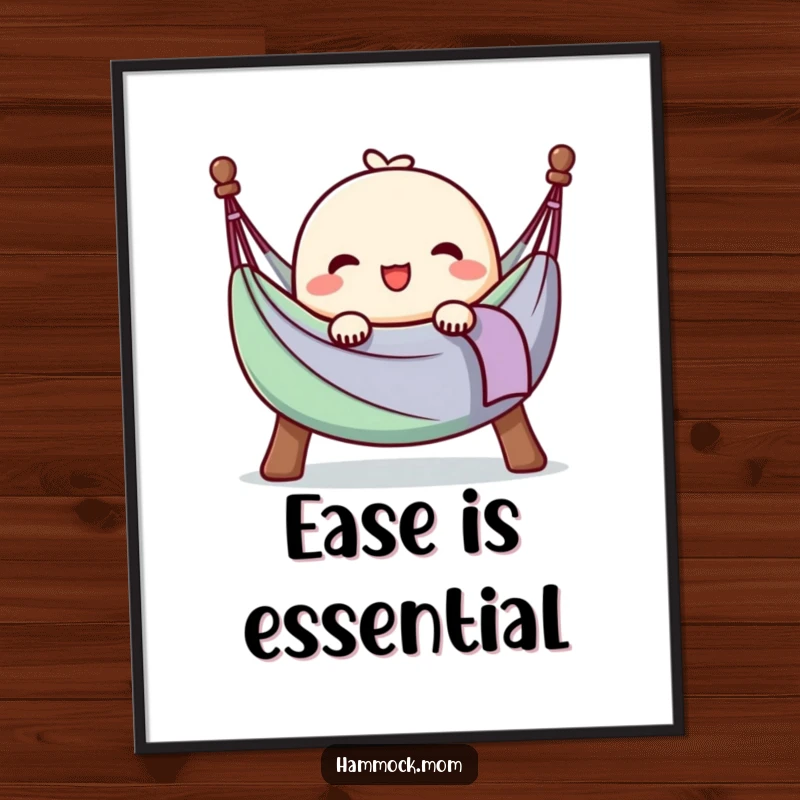 Funny poster art of a kawaii hammock character sighing happily, fully at ease, radiating pure relaxation and joy.