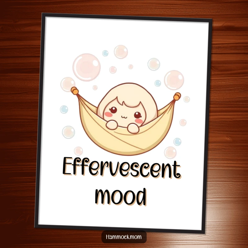 Funny poster art of a kawaii hammock character gently floating amidst serene bubbles, creating a calming visual.
