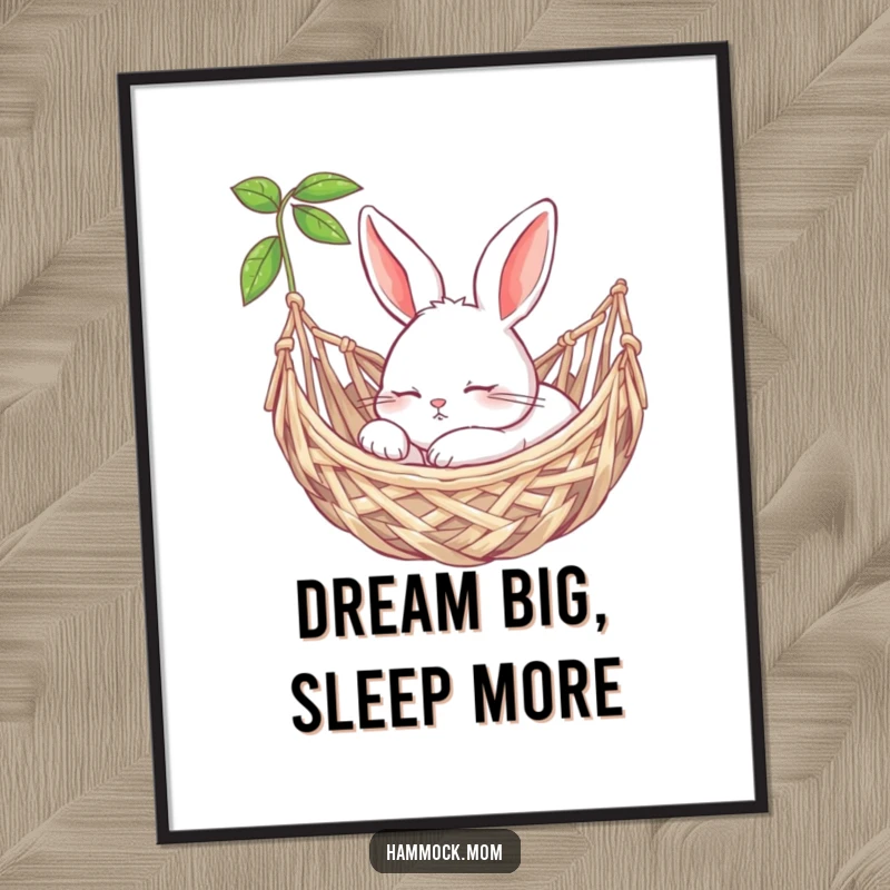 Funny bunny peacefully snoozing in a woven hammock, featured as calming wall art on a poster.