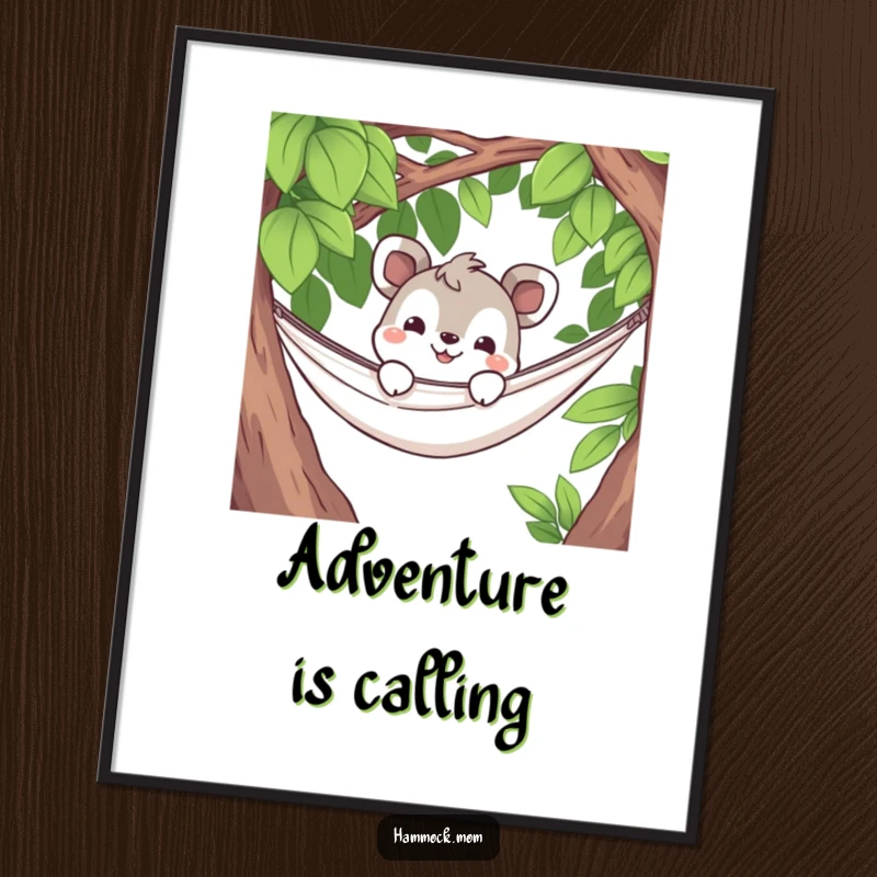 Funny poster art of a curious animal character peeking over a hammock's edge with a grin, inviting viewers into a playful scene.