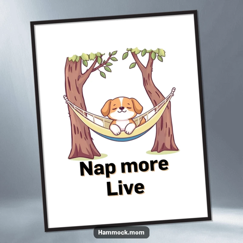 Funny dog poster showcasing a dog in a deep state of relaxation in a hammock, adding humorous decor to any room.