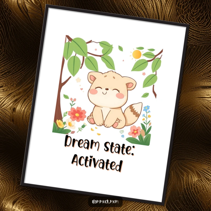 Funny Poster of a delighted animal character dreaming peacefully surrounded by beautiful nature elements, a humorous and artistic wall decor.