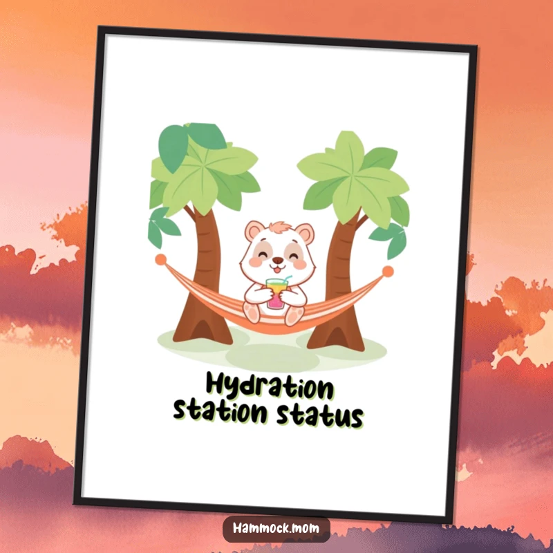 Funny poster art of a smiling animal character with a drink, relaxing in a hammock between trees, perfect for adding humor and calm.