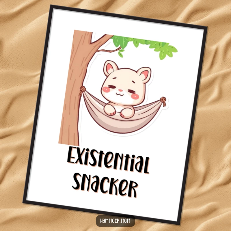 Funny Hammock Mom Animal Poster: A cartoon mom animal in a hammock, with a faint smile and thoughtful expression, for funny wall art.