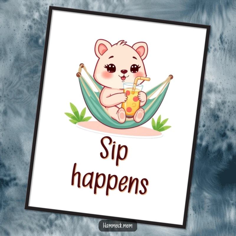 Funny Poster showing a mom animal holding a refreshing drink with a straw while relaxing in a hammock.