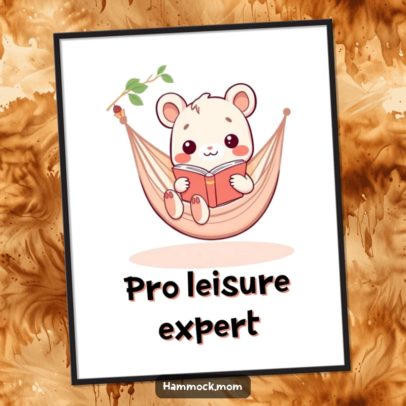 Funny Kawaii hammock animal reading a book in a hammock, a humorous and inspiring piece of wall art.