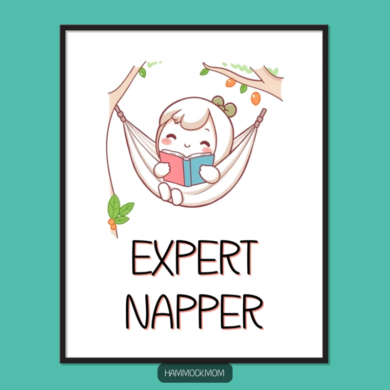 Funny Kawaii Hammock Poster: Relaxed Reader Character Wall Art Gift