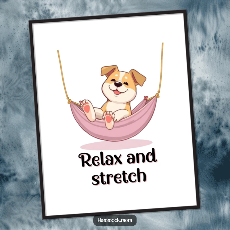 Funny dog poster showcasing a dog lazily stretching its paws in a cozy hammock, perfect for humorous and relaxing decor.
