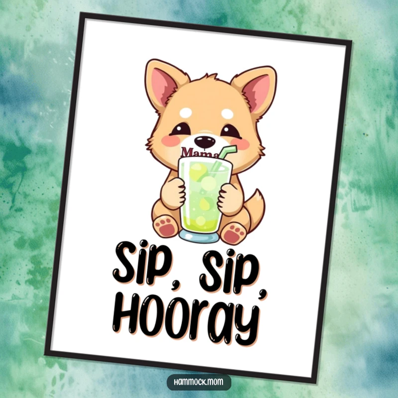 Funny mama dog poster showing a mama dog with a relaxed expression, holding a colorful drink with a straw, embodying cool refreshment.