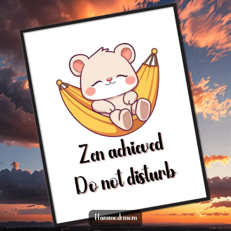 Funny poster art depicting a serene animal character relaxing deeply in a brightly colored hammock, radiating peace and contentment.