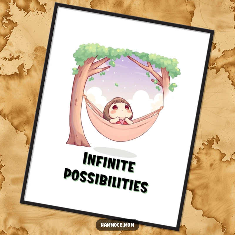 Funny poster depicting a character in a cozy hammock, looking up at the sky, a humorous and serene scene.