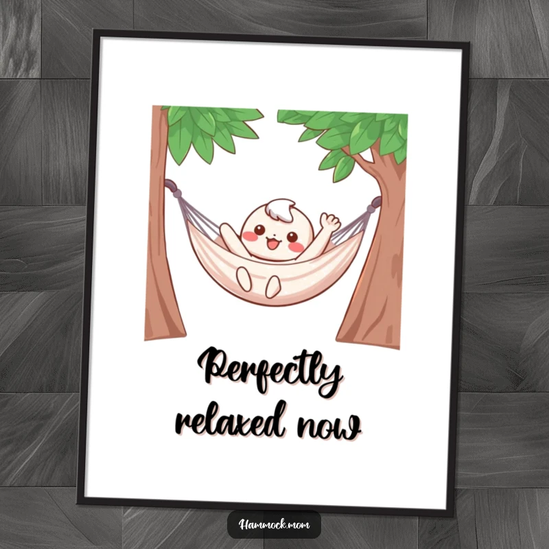 Funny Poster: A cute kawaii character waves joyfully from a hammock, conveying peace and happiness.
