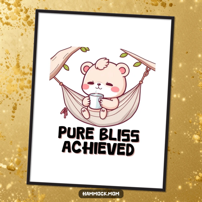 Funny Kawaii hammock animal sipping a drink in a hammock, a humorous and serene wall art piece.