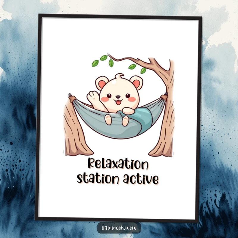 Funny Kawaii Hammock Animal Poster Waving Hello from Cozy Hammock, Relaxed Wall Decor, Artistic Touch.