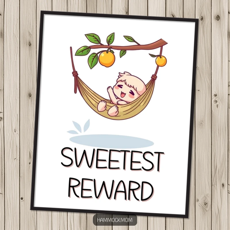 Funny poster depicting a character in a hammock, effortlessly reaching for a tempting dangling fruit, a humorous scene.