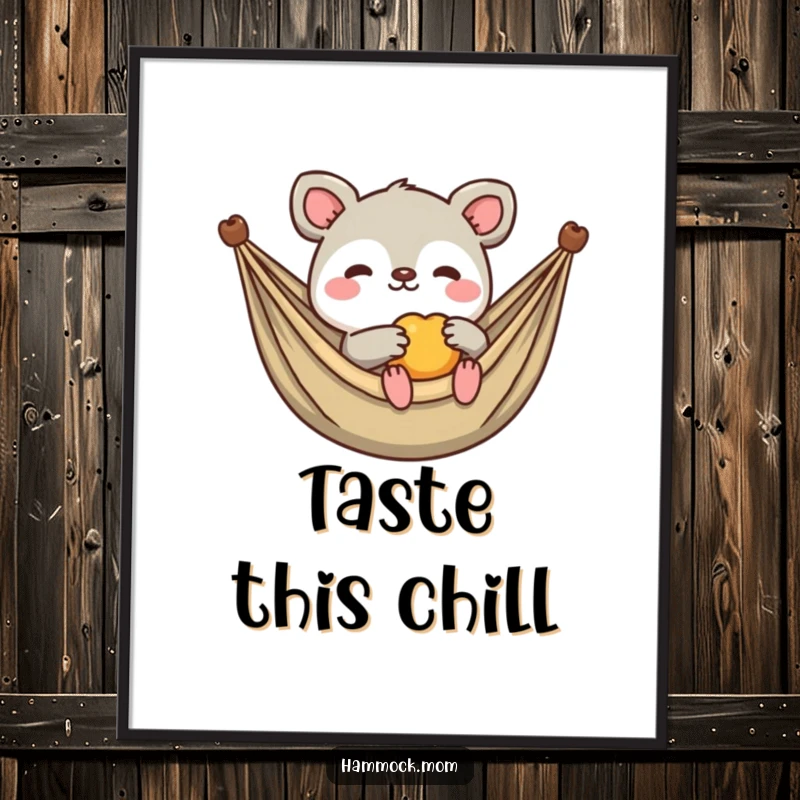Funny Kawaii Animal Poster: Illustration of a creature offering fruit while lounging, conveying a sense of calm sharing and humor.