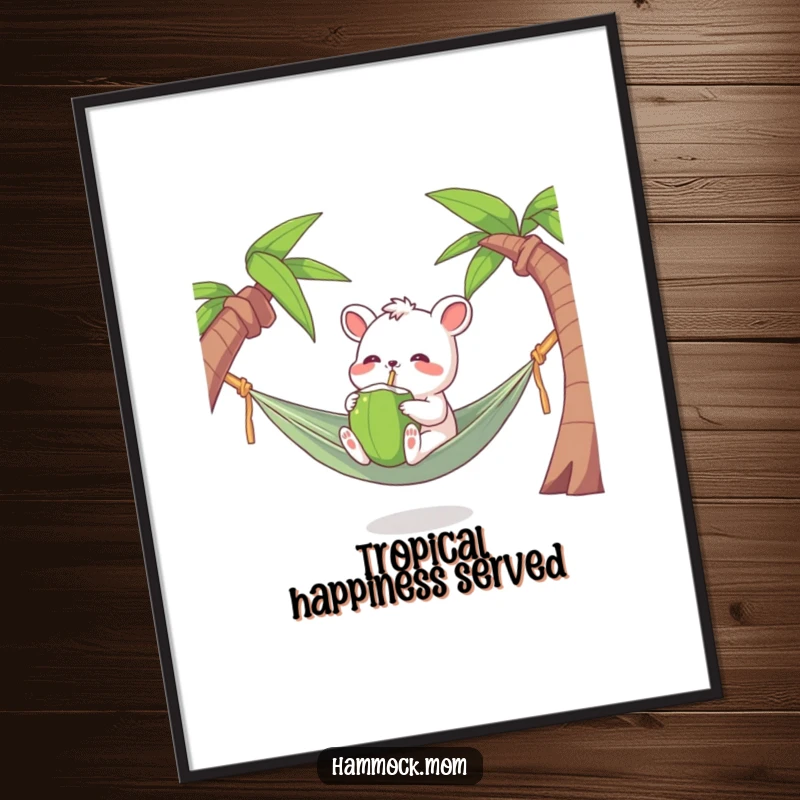 Funny Tropical Animal Poster showing a character joyfully drinking coconut water, humorous wall art gift.