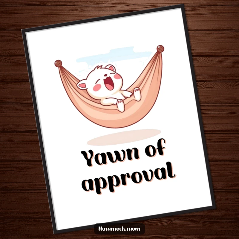 Funny yawning animal character poster, content in a hammock, breezy and sleepy art, humorous gift for home decor.