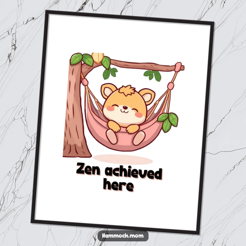 Funny poster showcasing a smiling animal character completely at peace while lounging in a hammock, a piece of art celebrating relaxation.
