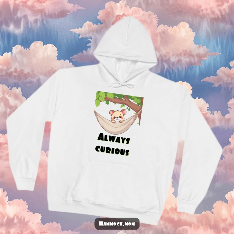 Funny hoodie showing a curious animal character peeking over a hammock edge, perfect for staying warm while exploring.