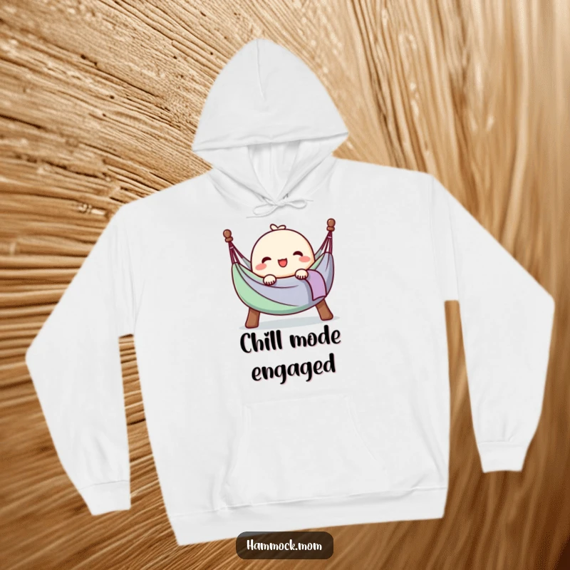 Funny hoodie featuring a kawaii hammock character with a happy sigh, fully at ease, symbolizing ultimate comfort and relaxation.