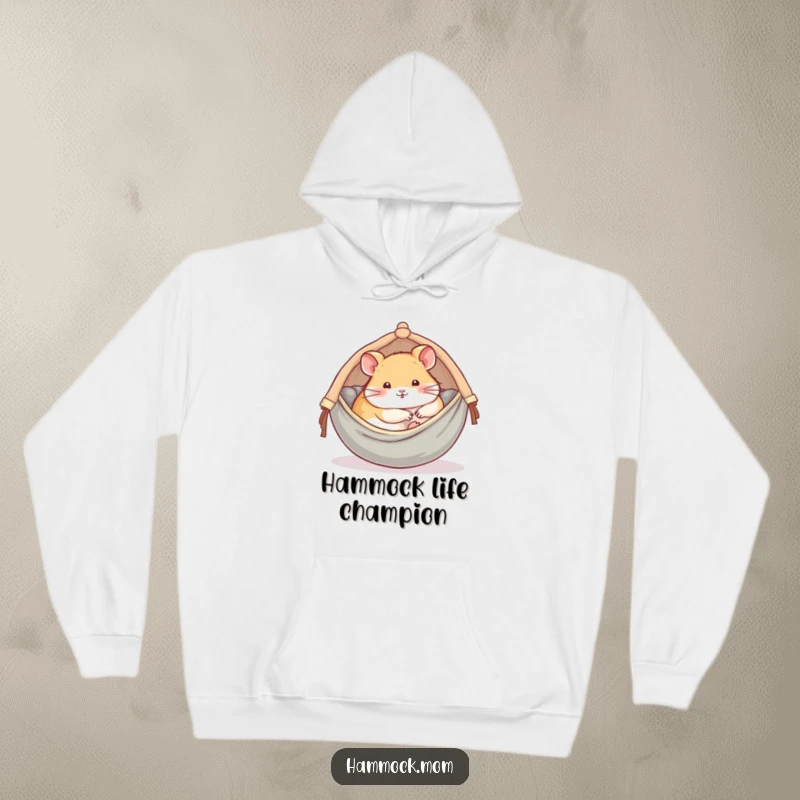 Funny hoodie featuring a delightful hamster peacefully sleeping in a tiny, comfortable hammock, promoting relaxation.