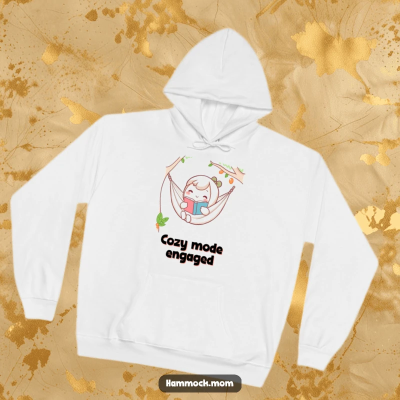Funny Kawaii hammock hoodie showing a character holding a book, looking completely relaxed and at ease.