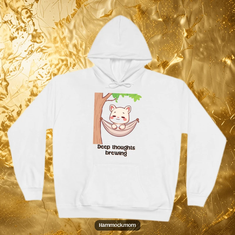 Funny Hammock Mom Animal Hoodie: A cartoon mom animal in a hammock, with a gentle smile, lost in thought, a cozy funny gift.