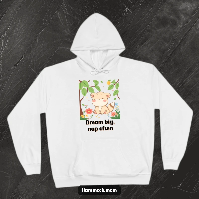 Funny Hoodie showcasing a delighted animal character dreaming peacefully amidst vibrant nature, a cozy and humorous apparel choice.