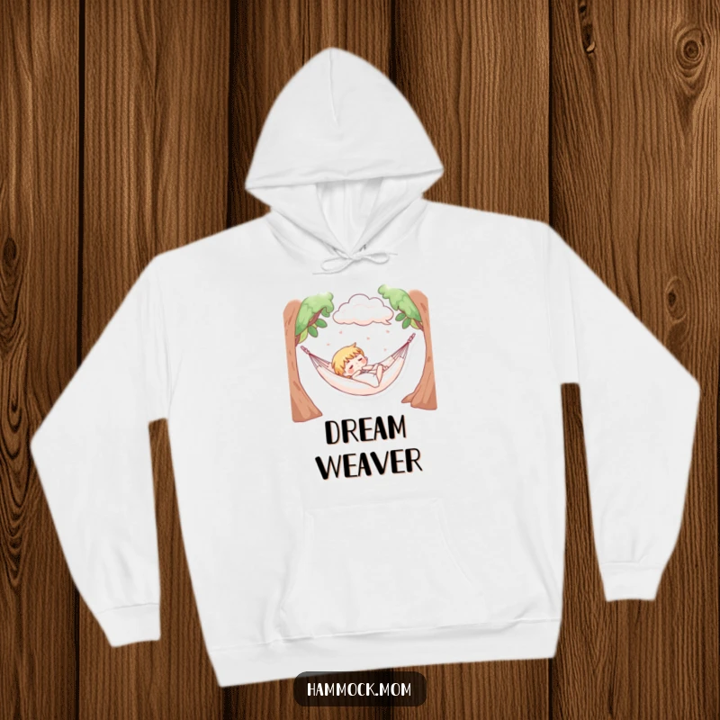 Funny hoodie showing a character napping in a hammock with soft, fluffy clouds above, perfect for ultimate coziness.