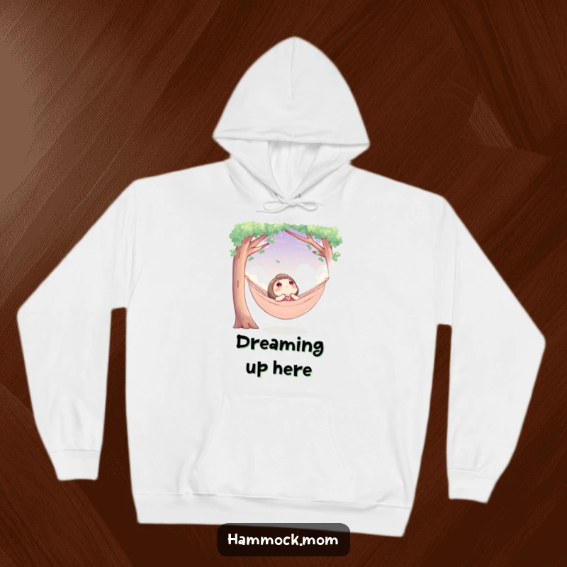 Funny hoodie of a character in a cozy hammock, looking up at the sky, a humorous and comforting design.