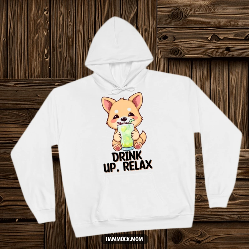 Funny mama dog hoodie depicting a mama dog with a relaxed expression, holding a refreshing drink with a straw, radiating cool vibes.