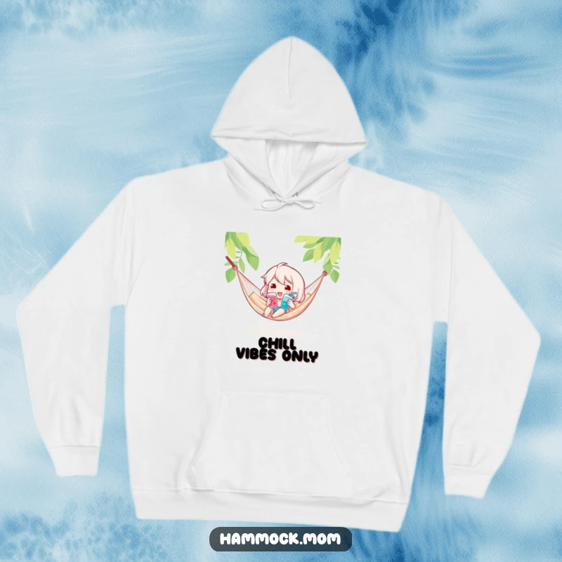 Funny hoodie featuring a character with a cool drink in a hammock, symbolizing cozy, humorous relaxation and refreshment.
