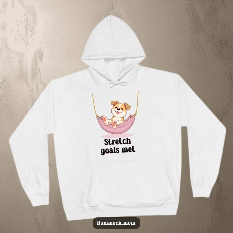 Funny dog hoodie showing a dog lazily stretching its paws in a cozy hammock, ideal for ultimate comfort and humor.
