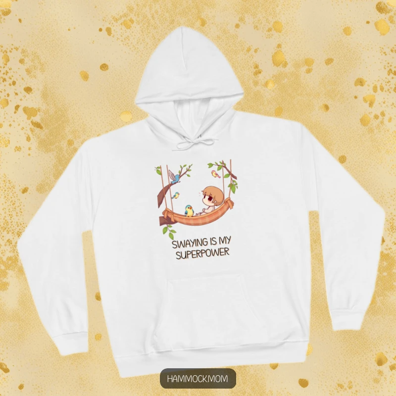 Funny Hoodie showing a contented character relaxing in a hammock, watching birds soar by, embodying playful leisure and comfort.