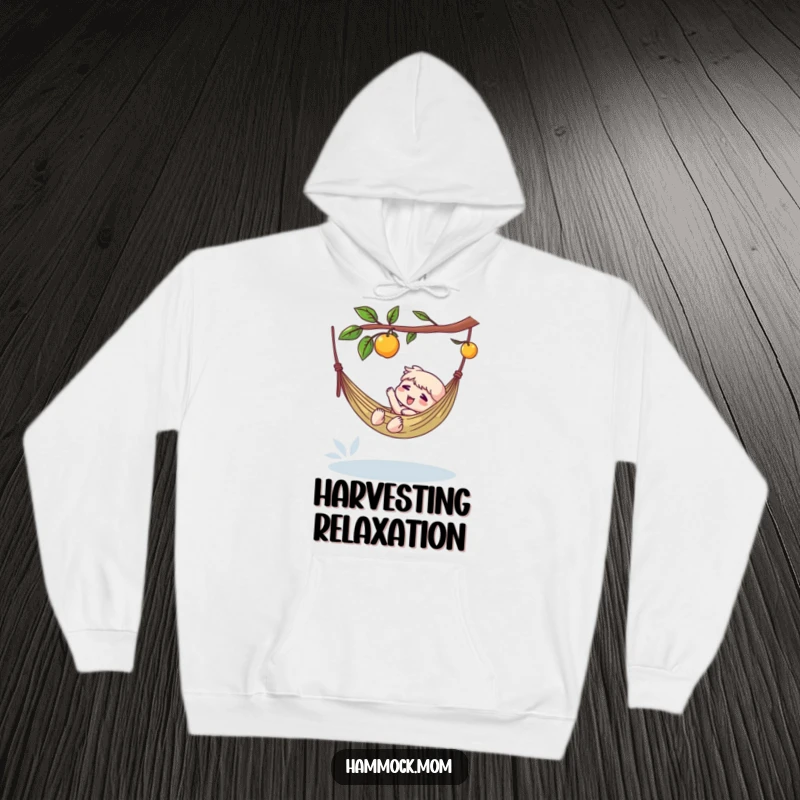 Funny hoodie of a character in a hammock, lazily reaching for a dangling fruit, a cozy and humorous design.