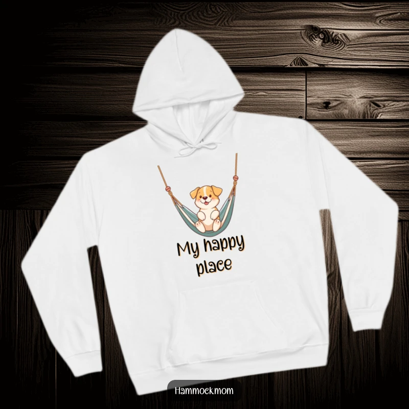 Funny dog gently swinging in a hammock, featured on a soft hoodie, representing comfort and humor, a fantastic funny gift.