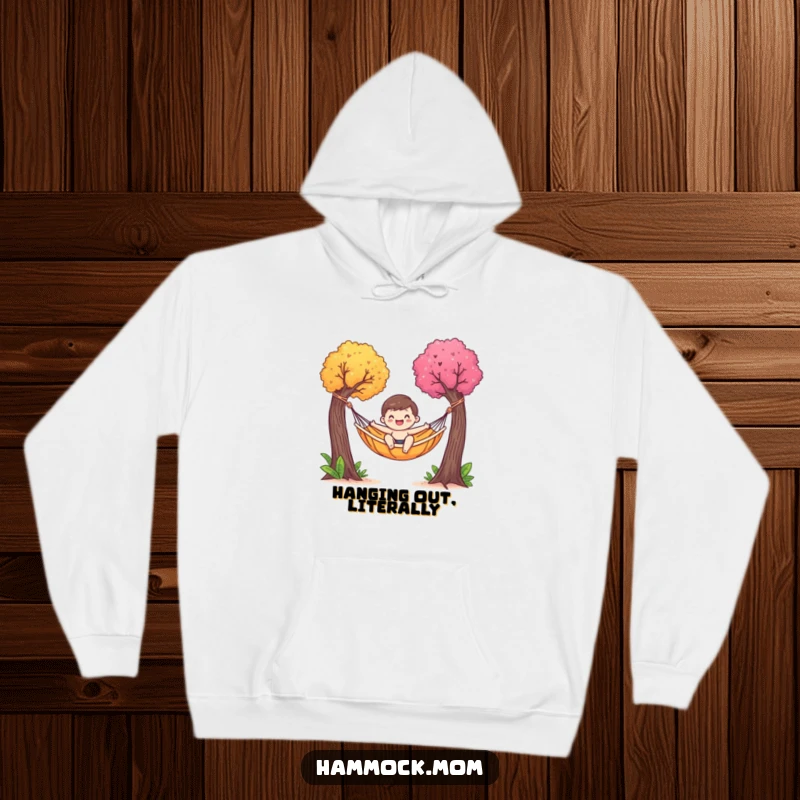 Funny hoodie featuring a happy hammock character peacefully swaying between two colorful trees, ideal for ultimate comfort and leisure.