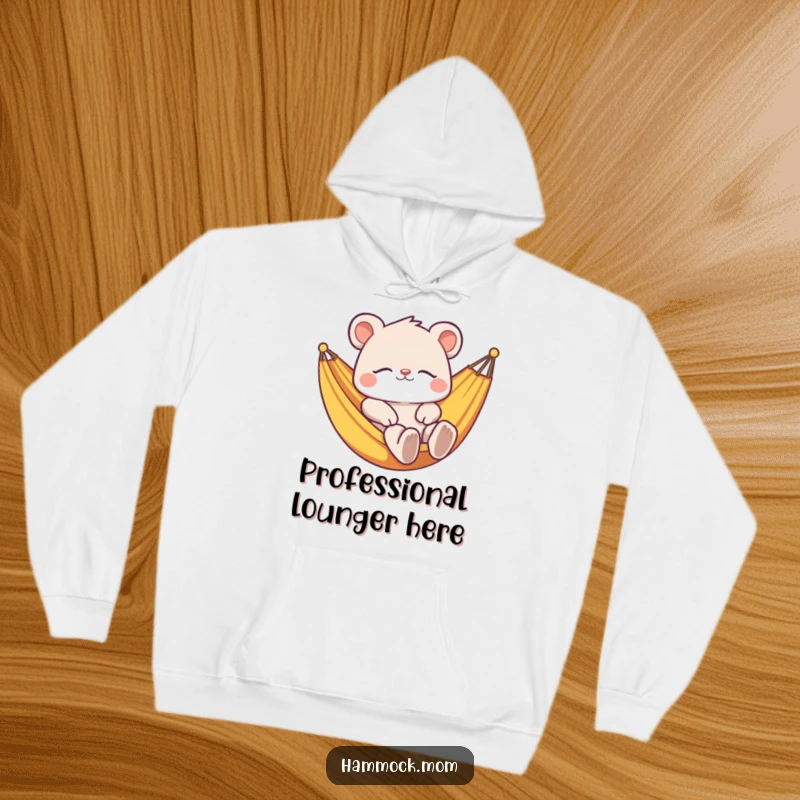 Funny hoodie showcasing a deeply relaxed animal character napping peacefully in a colorful hammock, perfect for ultimate comfort and humor.
