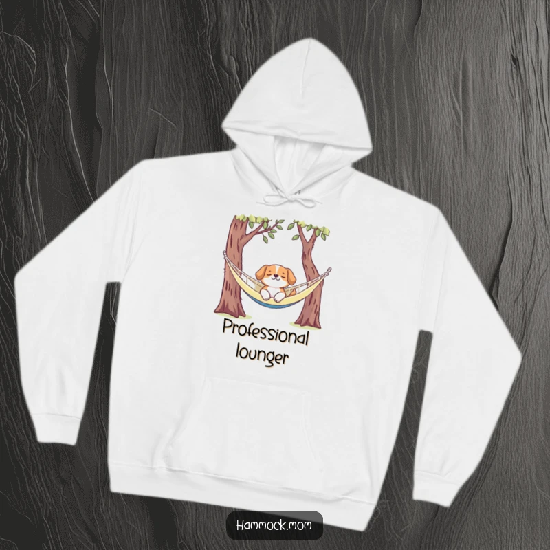 Funny dog hoodie showing a relaxed canine enjoying a siesta in a hammock, perfect for cozy, humorous loungewear.
